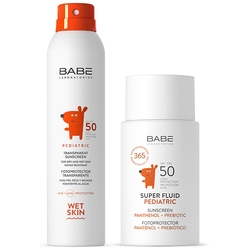 Набор косметический "Laboratorios Babe" : Детский влагостойкий солнцезащитный спрей SPF 50, 200 мл / Детский солнцезащитный суперфлюид SPF50, 50 мл