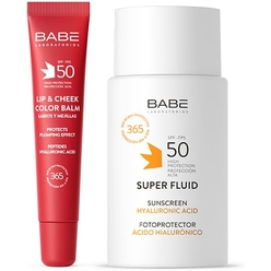 Набор косметический "Laboratorios Babe" : Супер флюид SPF50, 50 мл / Солнцезащитный бальзам-тинт для губ и щек SPF 50 с гиалуроновой кислотой и пептидами, тон PINK, 20 мл