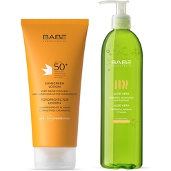 Набор косметический Laboratorios Babe: Солнцезащитный лосьон SPF50+, 200 мл / Увлажняющий гель для тела Алоэ 100 %, 395 мл