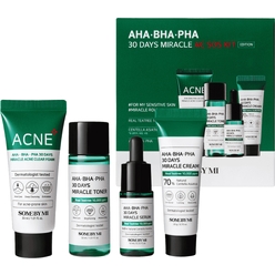 Набор:Очищающая пенка для лица AHA.BHA.PHA 30 Days Miracle Acne Clear Foam, 30 мл, Тонер для лица AHA.BHA.PHA 30 Days Miracle Toner, 30 мл, Сыворотка для лица AHA.BHA.PHA 30 Days Miracle Serum, 10 мл, Успокаивающий, увлажняющий крем для лица AHA.BHA