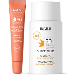 Набор косметический "Laboratorios Babe" : Супер флюид SPF50, 50 мл / Солнцезащитный бальзам-тинт для губ и щек SPF 50 с гиалуроновой кислотой и пептидами, тон NUDE, 20 мл
