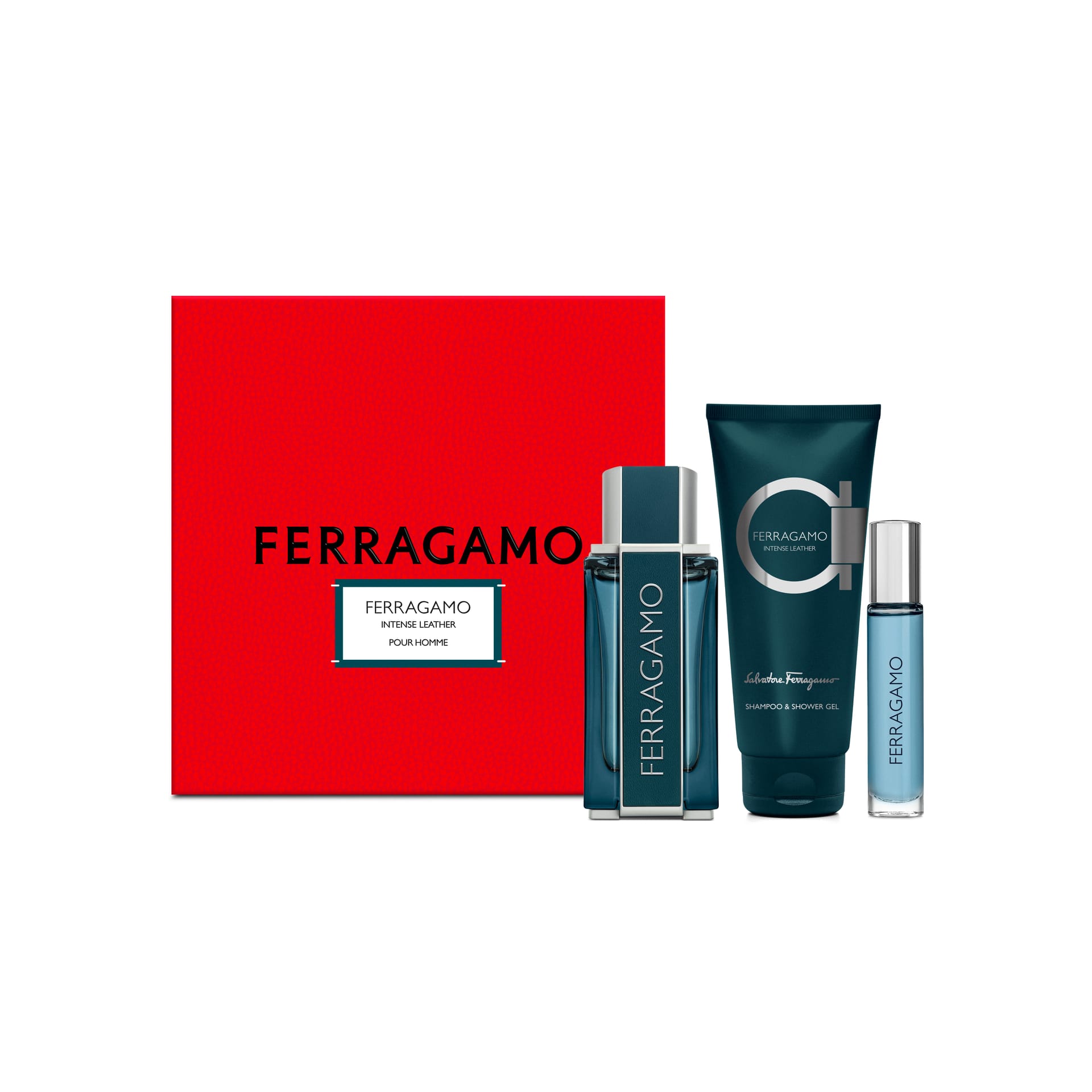 Набор парфюмерно-косметический (Парфюмерная вода мужская Ferragamo Intense Leather, 100 мл  + Парфюмерная вода мужская Ferragamo Intense Leather, 10 мл + Шампунь и гель для душа Ferragamo Intense Leather, 100 мл)