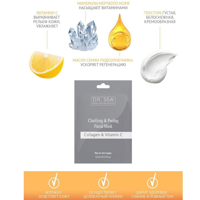 Осветляющая маска - пилинг для лица коллагеном и витамином C Clarifying & Peeling Facial Mask, 12 мл - фото 2